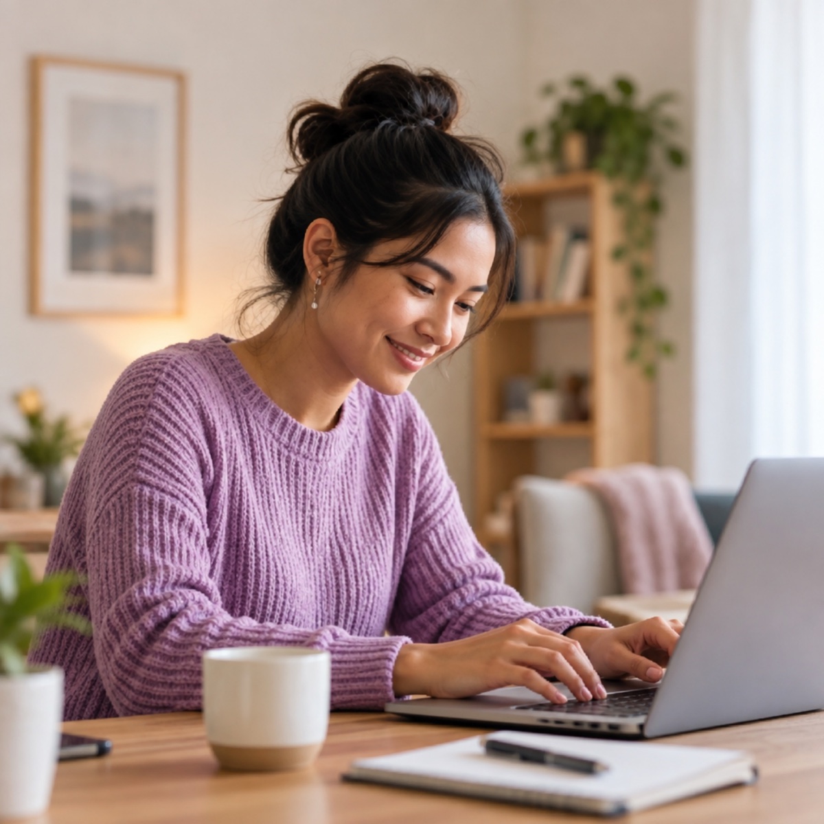 A smiling woman in a lavender sweater typing on a laptop at her home desk