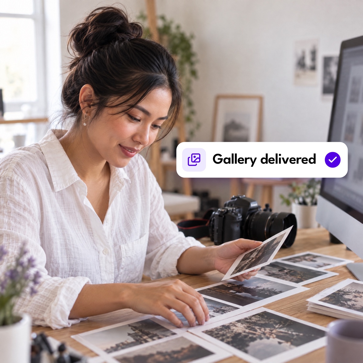 A photographer sorting printed photos at her desk beside a camera, with a "Gallery delivered" notification