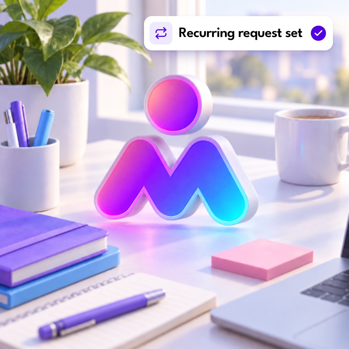 The Magic M symbol as a glossy 3D object on a desk, with a "Recurring request set" card