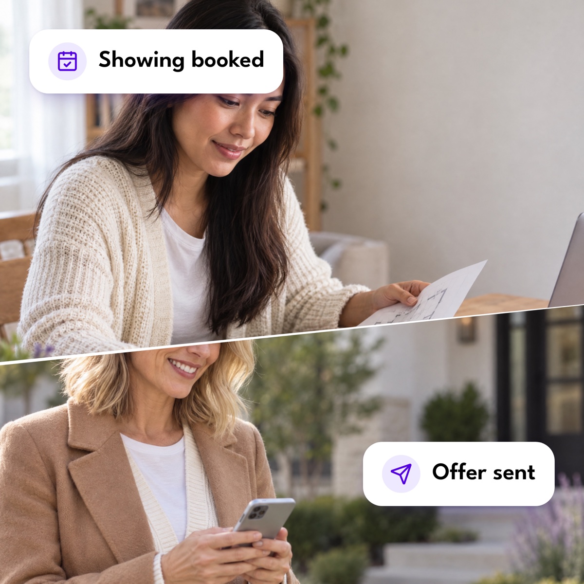 An assistant laying out floor plans above a real estate agent smiling at her phone outside a house, with "Showing booked" and "Offer sent" labels