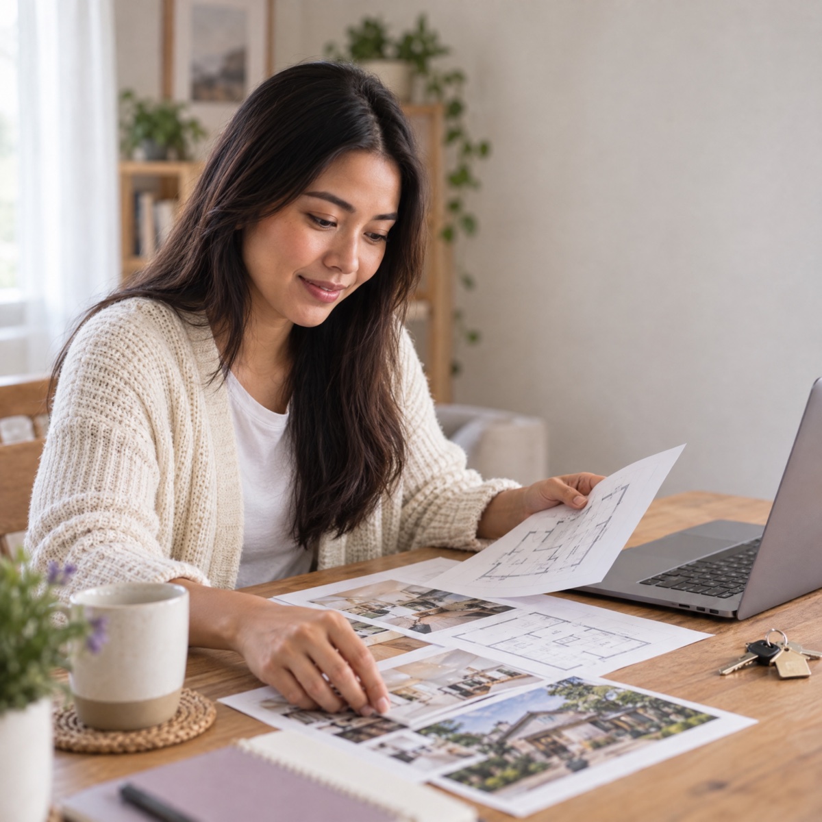 A woman reviewing floor plans and listing photos at her desk