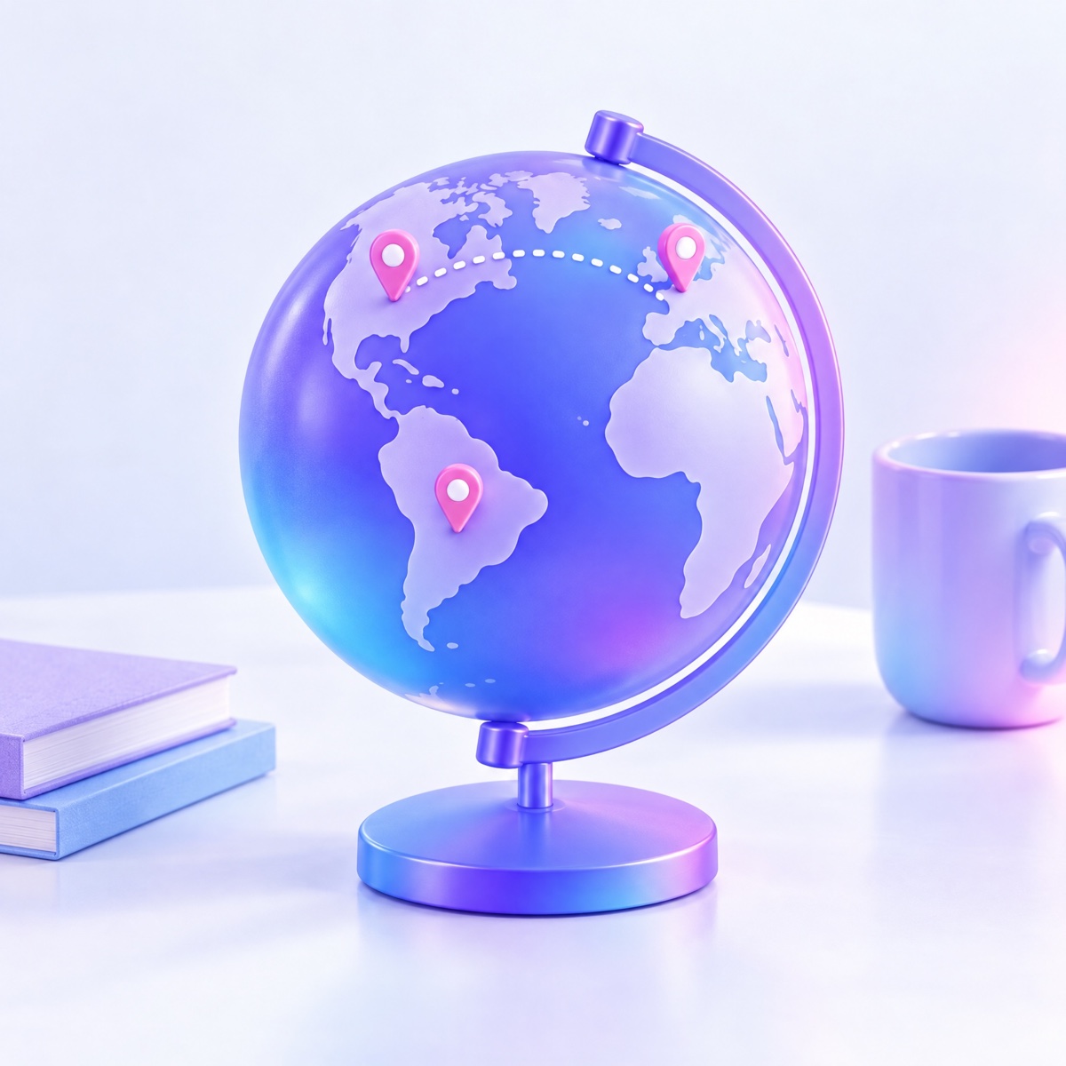A globe with three location pins joined by a dotted arc