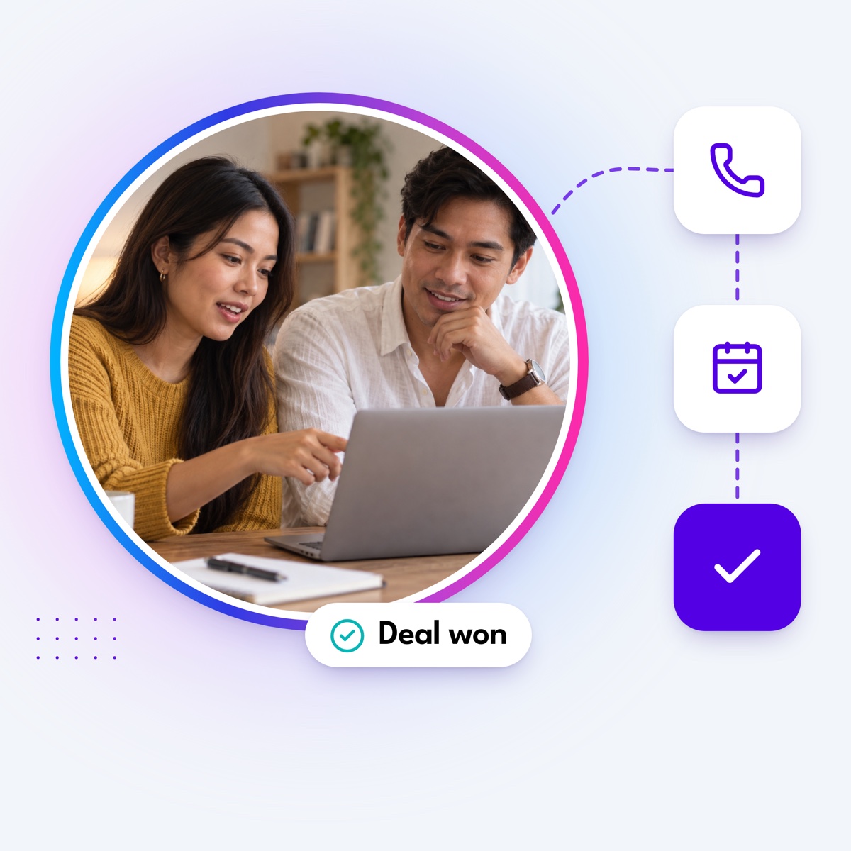 Two colleagues reviewing a plan in a round gradient frame, with a dashed path to phone, calendar and check tiles and a "Deal won" label