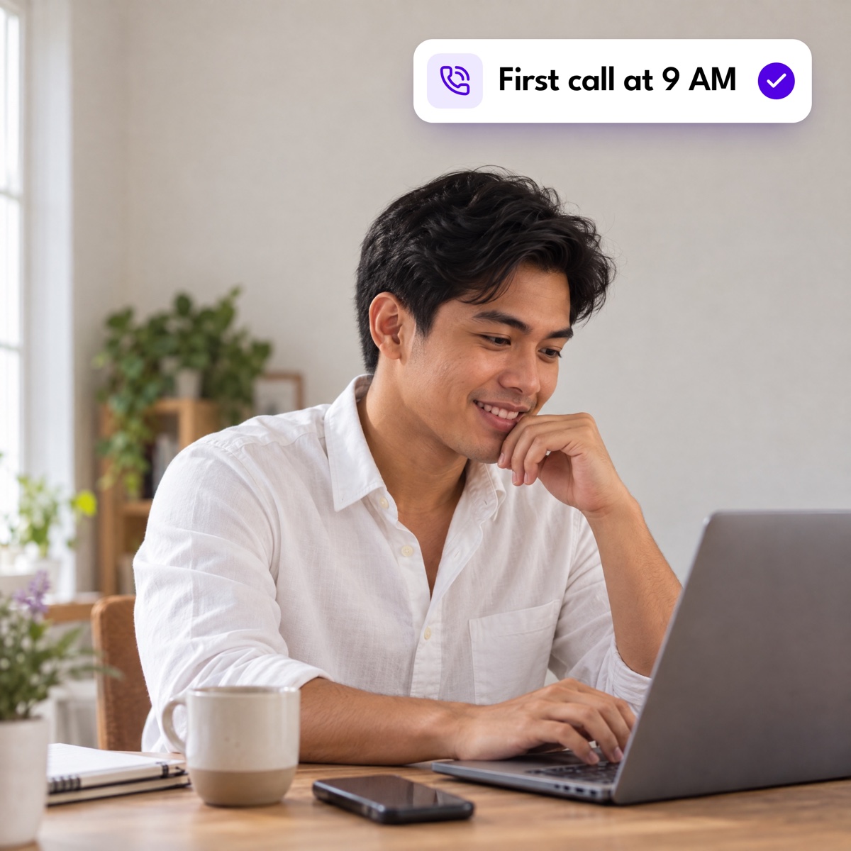 A sales representative reading at his desk in the morning, with a "First call at 9 AM" notification