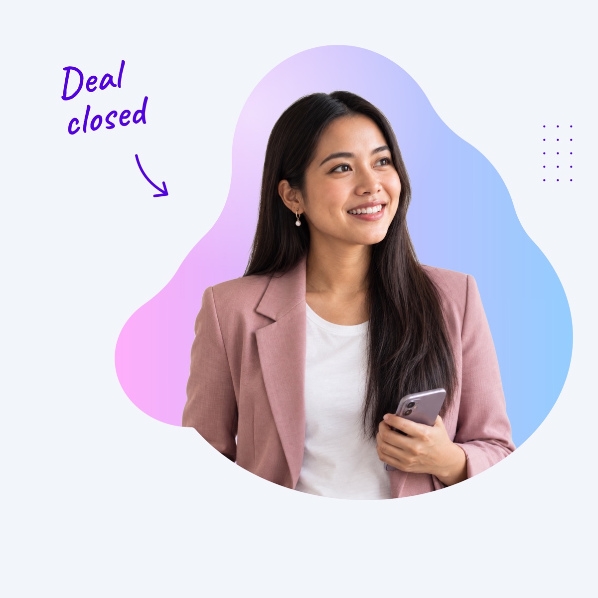 A smiling sales representative in a pink blazer inside a pink and blue shape, with a handwritten note "Deal closed" and an arrow