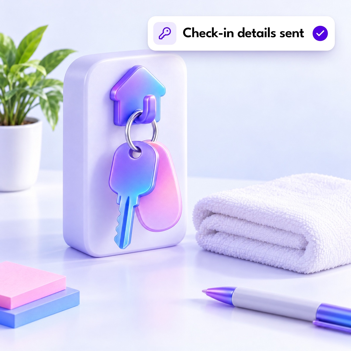 A house key hanging on a house-shaped wall hook beside a folded towel, with a "Check-in details sent" notification