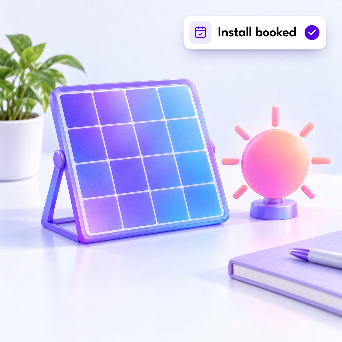 A small rounded solar panel beside a pink sun disc, with an "Install booked" notification