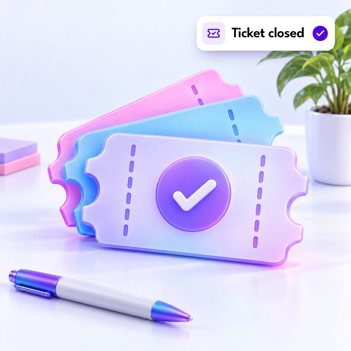 A fanned stack of rounded tickets, the top one with a violet check, with a "Ticket closed" notification