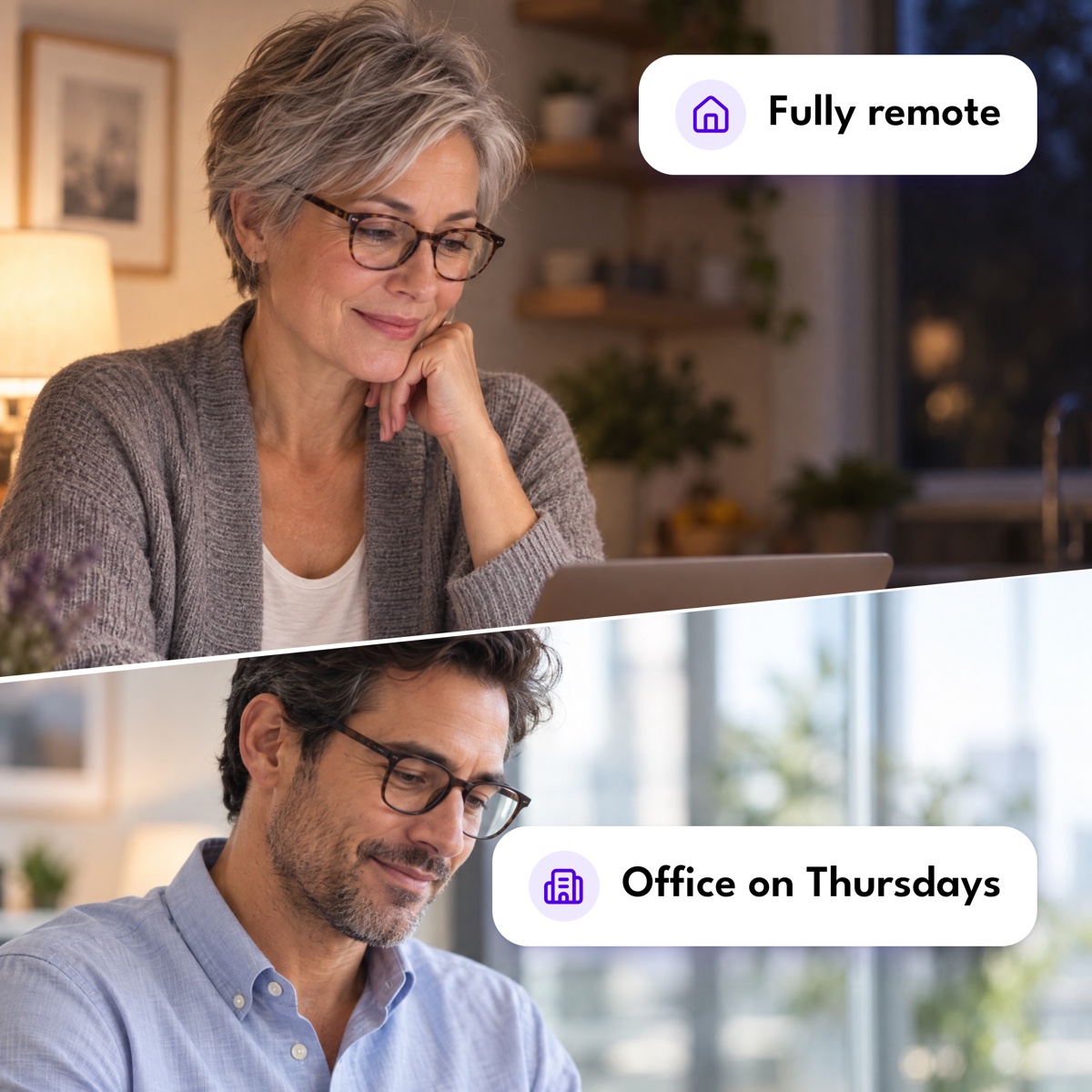 A woman working at her kitchen table in the evening above a man with a tablet in a glass-walled office, with "Fully remote" and "Office on Thursdays" labels