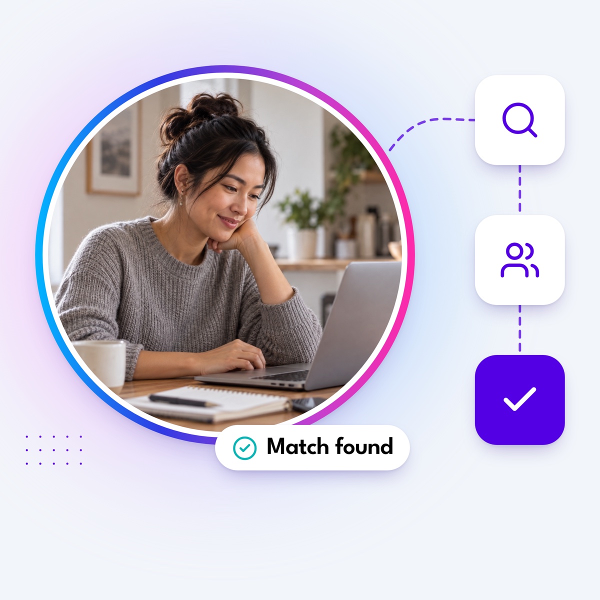 A business owner reading a report on her laptop in a round gradient frame, with a dashed path to search, team and check tiles and a "Match found" label