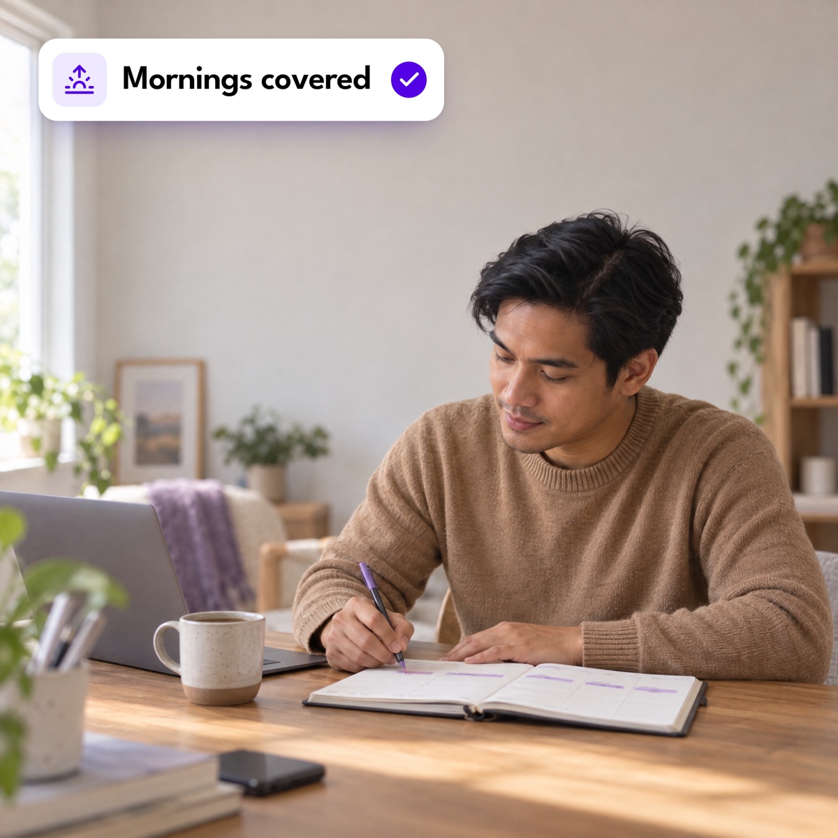 A man writing in a planner at a sunny desk with a laptop, with a "Mornings covered" notification
