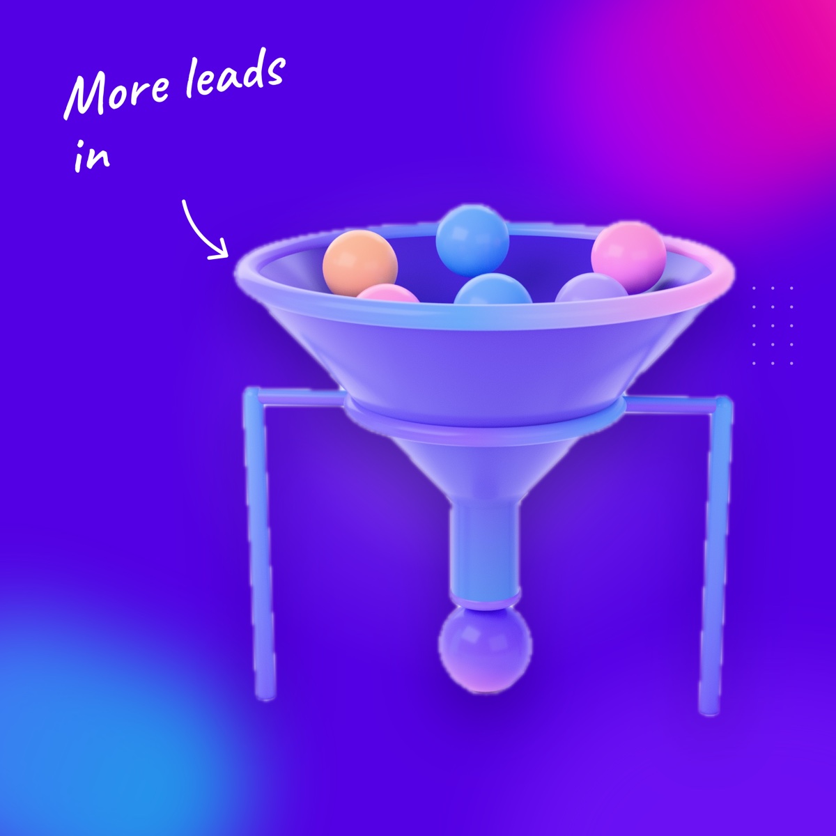 A rounded violet funnel filled with coloured spheres on a deep violet background, with a handwritten note "More leads in" and an arrow
