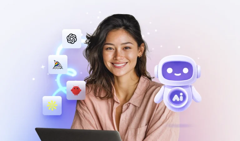 Magic assistant surrounded by AI tool icons, representing pre-training in AI-powered workflows