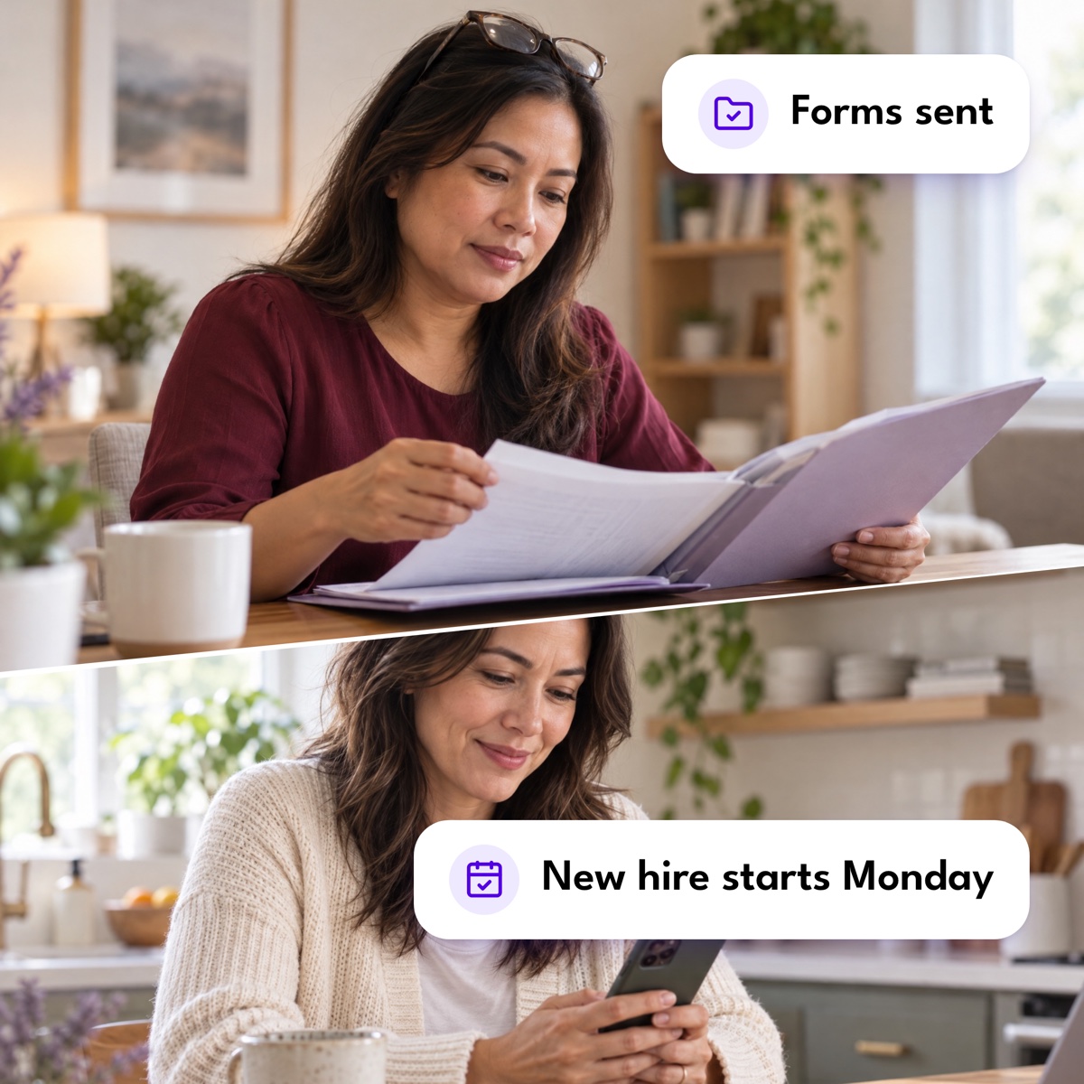 An assistant reading onboarding papers above a business owner smiling at her phone, with "Forms sent" and "New hire starts Monday" labels