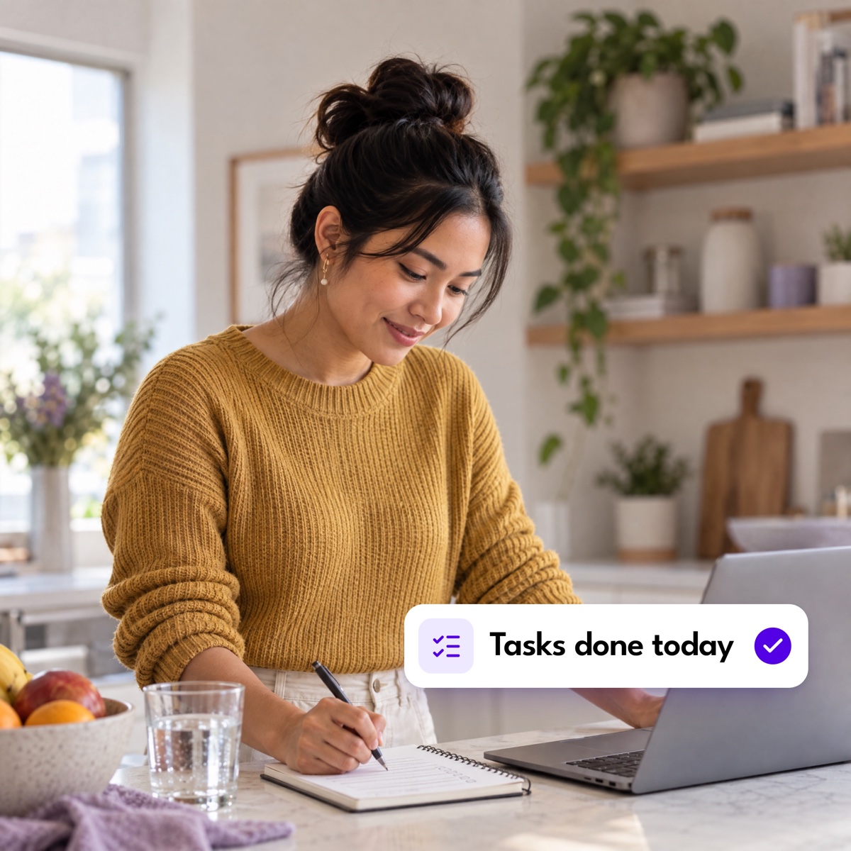 A woman writing a to-do list at her kitchen table, with a "Tasks done today" notification