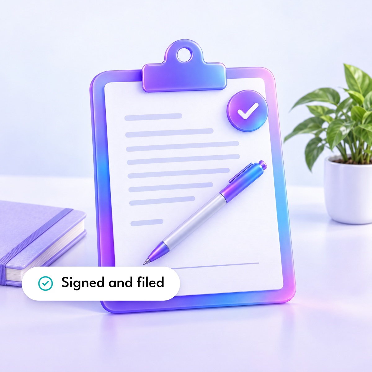 A clipboard with a contract page and a violet pen, with a "Signed and filed" label