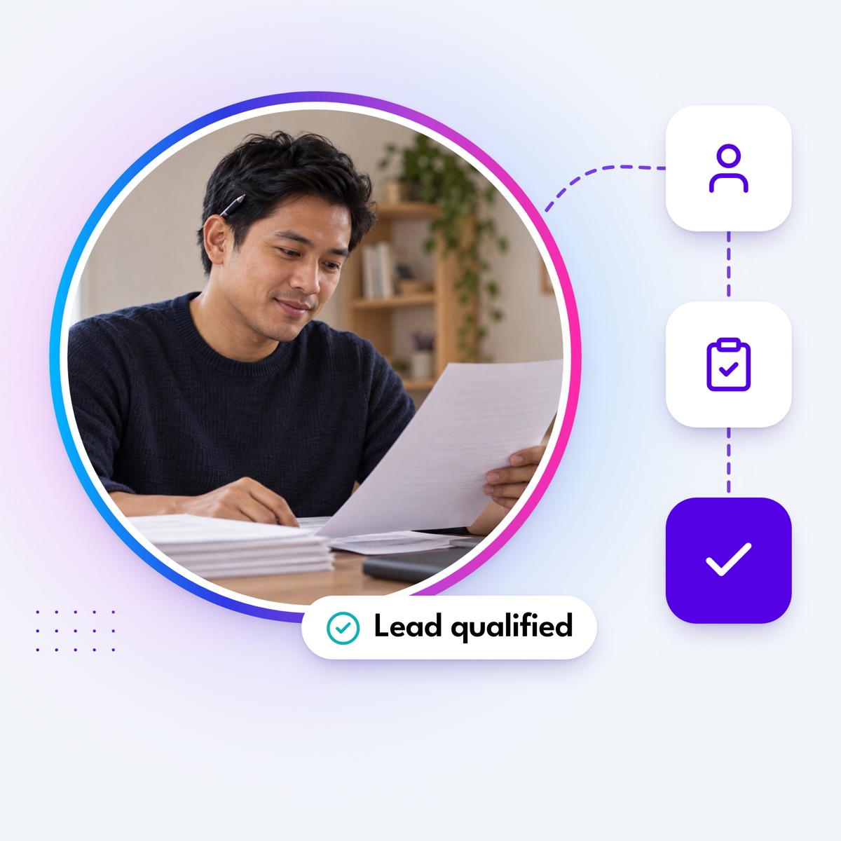 An assistant reading printed profiles in a round gradient frame, with a dashed path to contact, checklist and check tiles and a "Lead qualified" label