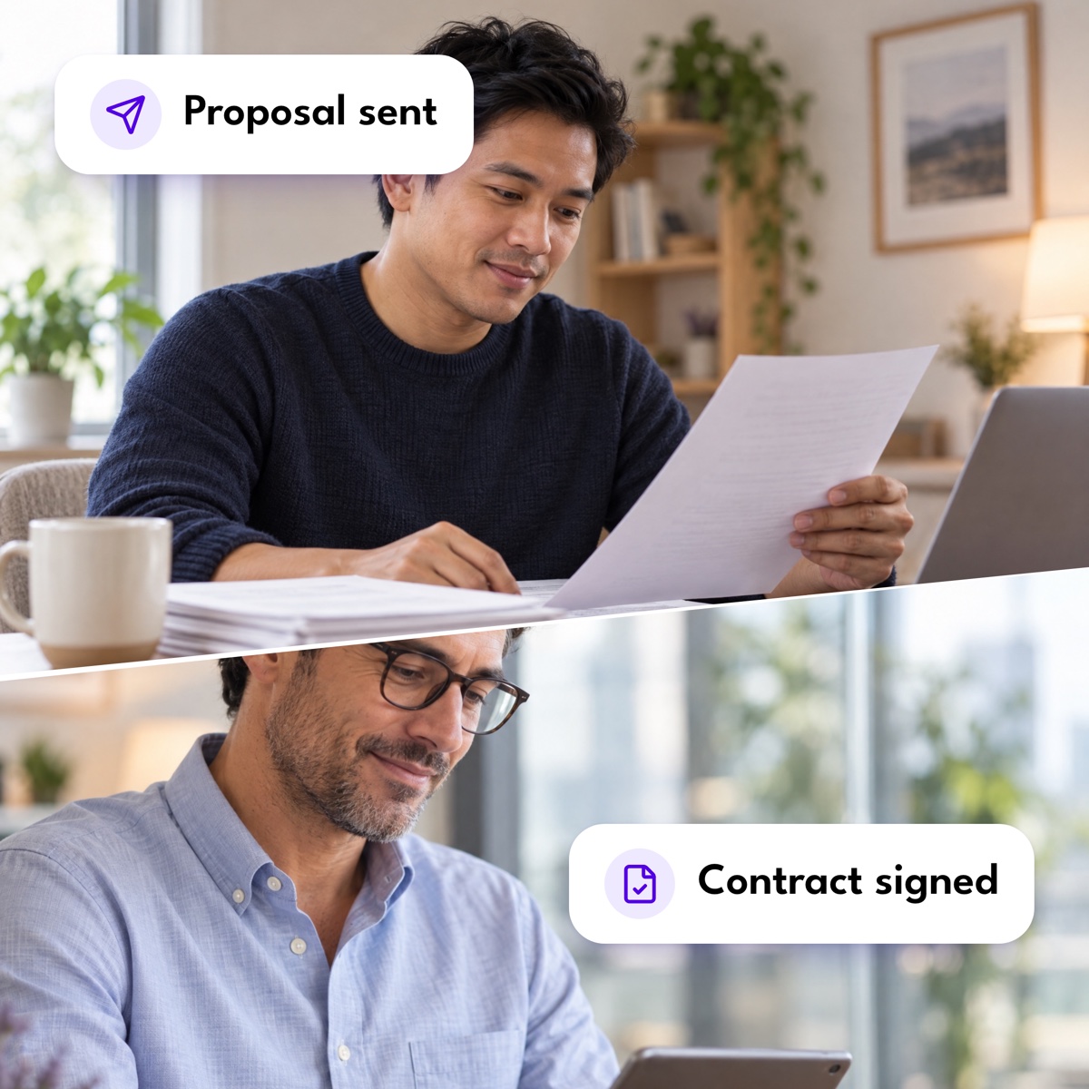 An assistant reading printed profiles above an operations director reading a tablet in his office, with "Proposal sent" and "Contract signed" labels