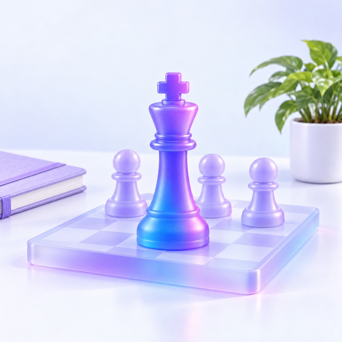 A rounded violet chess king standing ahead of three pale pawns