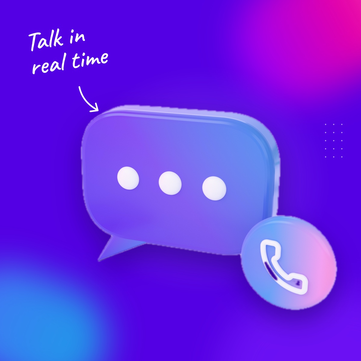 A violet speech bubble with a call badge on a deep violet background, with a handwritten note "Talk in real time" and an arrow