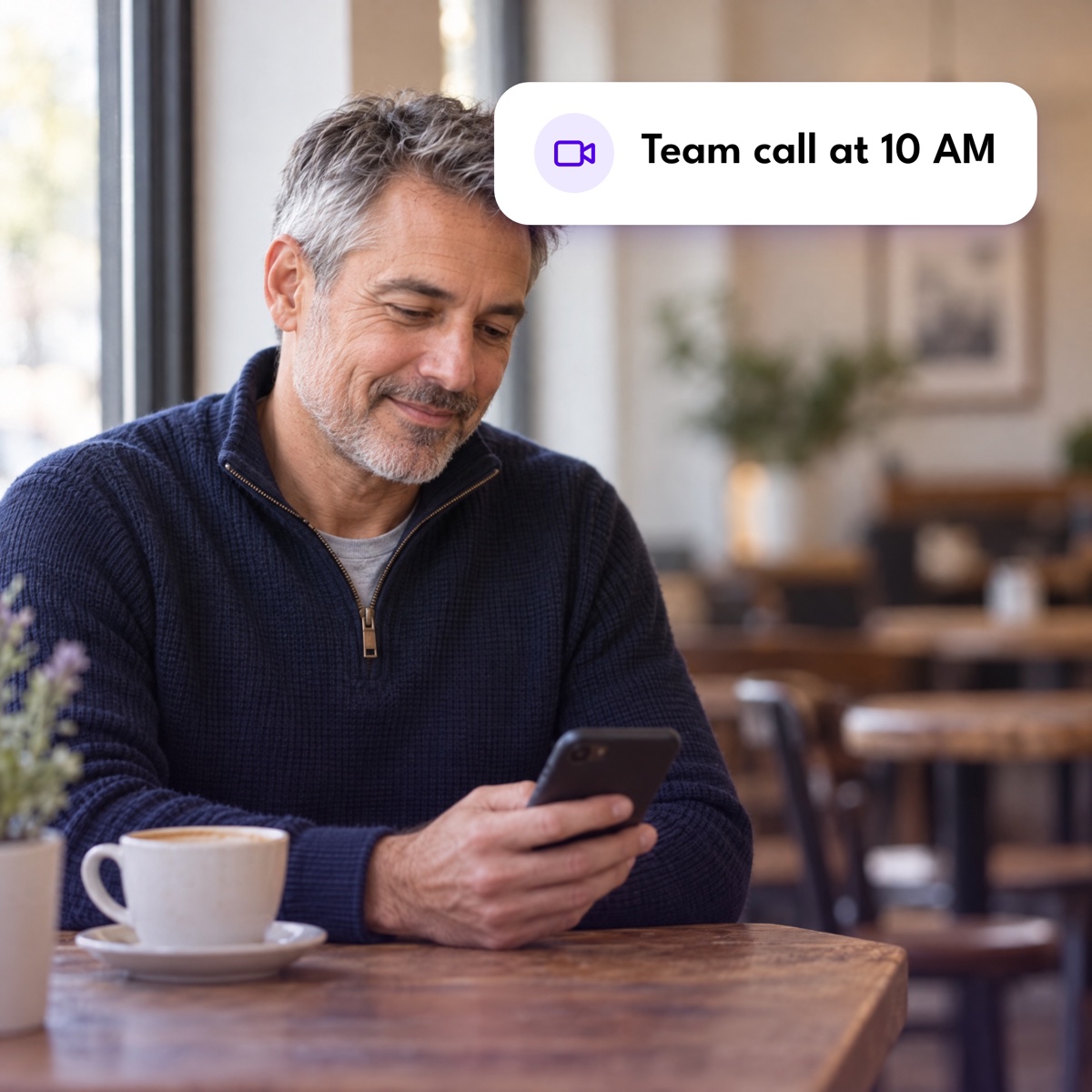 A business owner on his phone at a cafe table, with a "Team call at 10 AM" notification