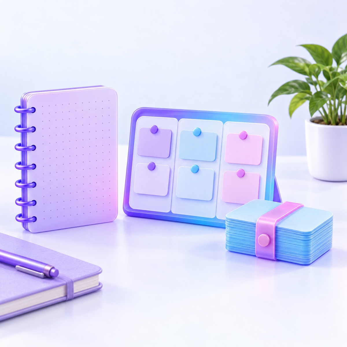 A lilac notebook, a small three-column card board and a stack of index cards side by side