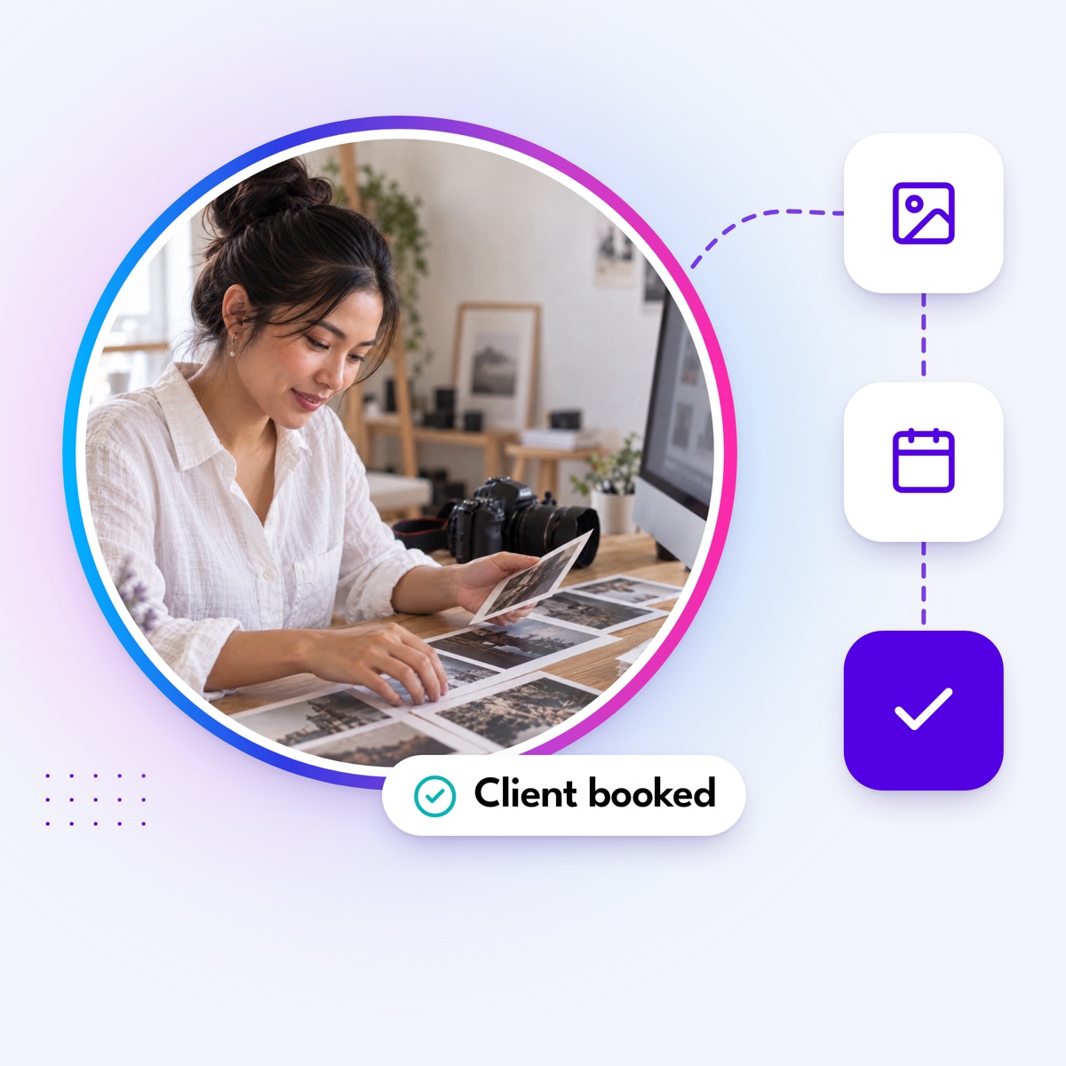 A photographer's assistant in a round gradient frame, with a dashed path to image, calendar and check tiles and a "Client booked" label