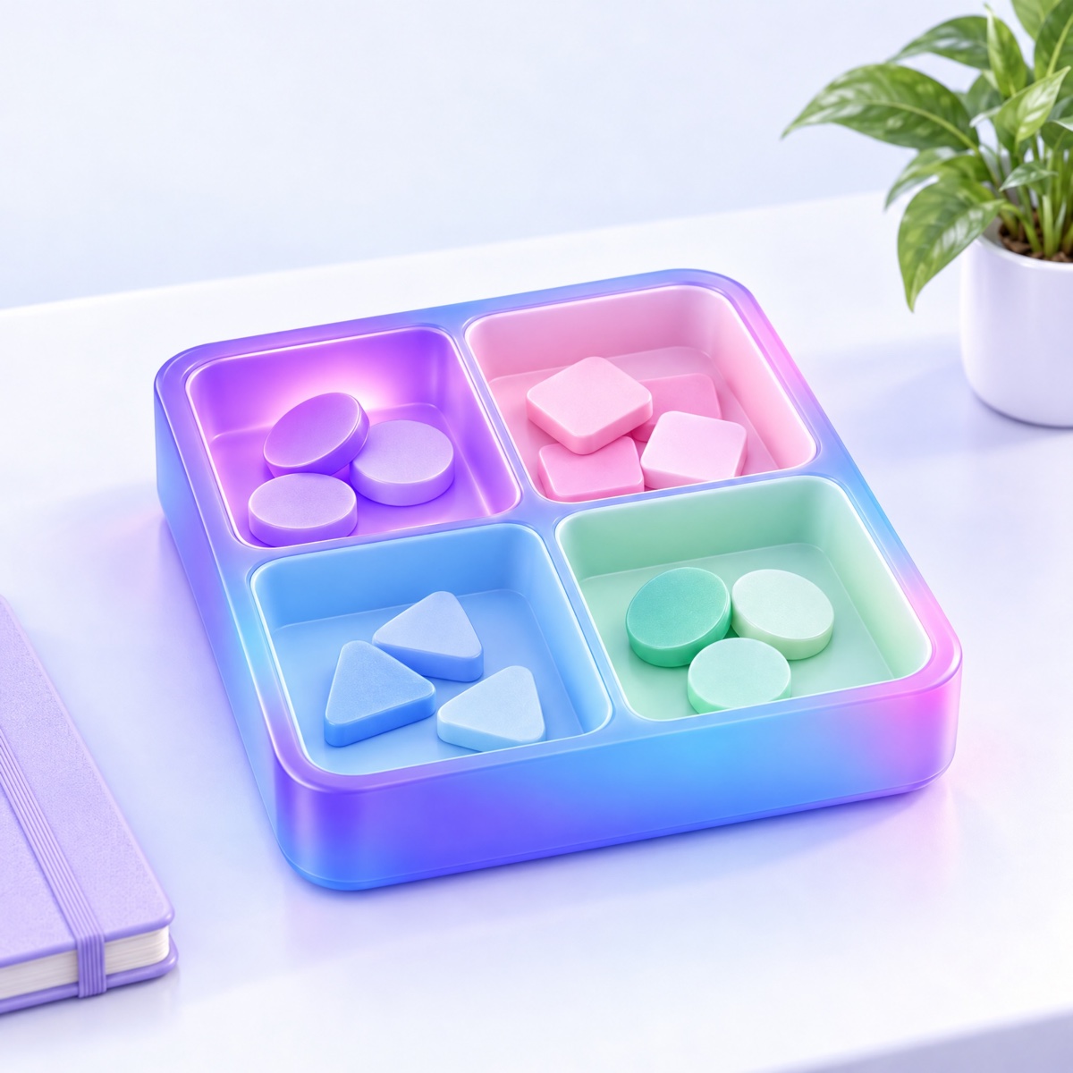A rounded tray split into four coloured compartments, the top left one brightest