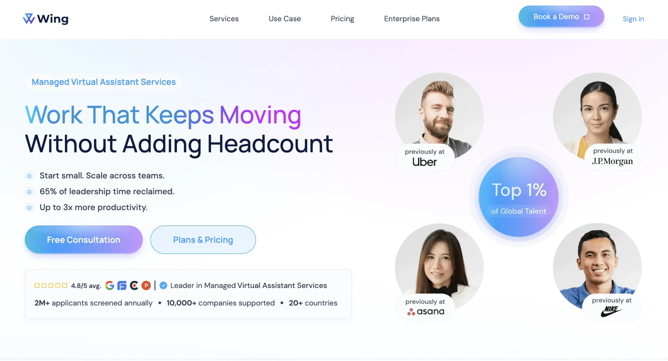 Wing Assistant homepage, the competitor in this Magic vs Wing comparison